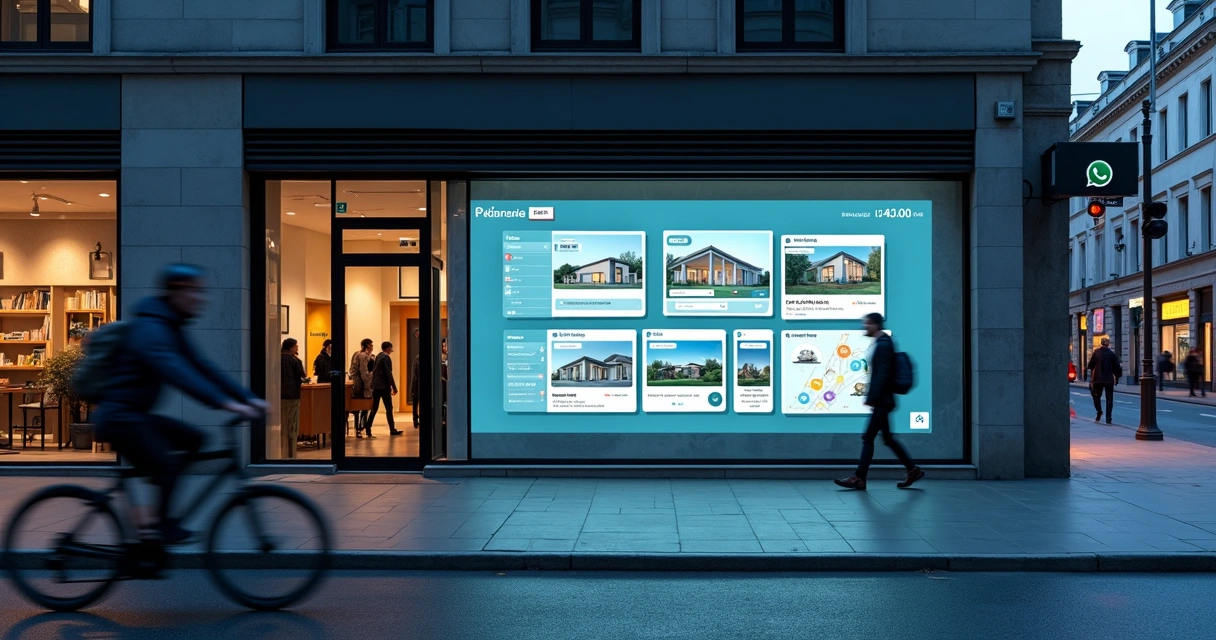 Fachada de imobiliária com vitrine digital de site moderno cheia de imóveis 