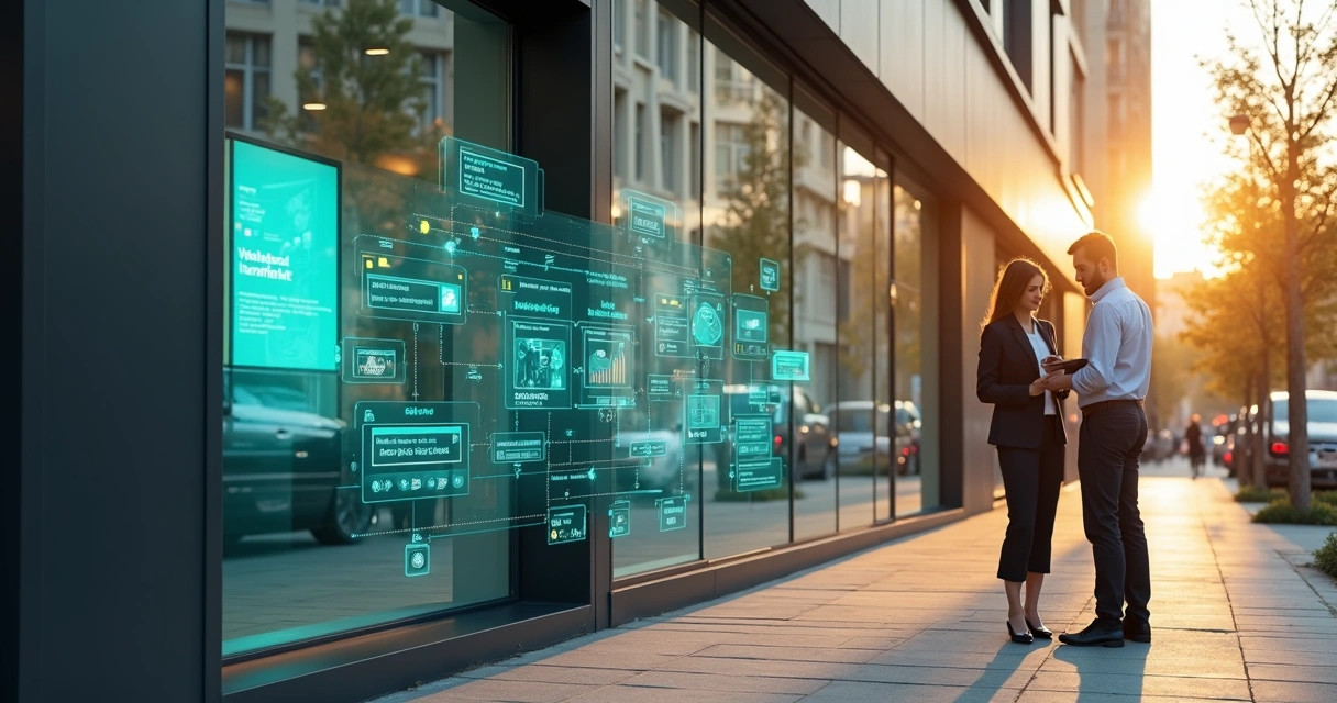 Fachada de imobiliária com camada digital de dados e funil de vendas 