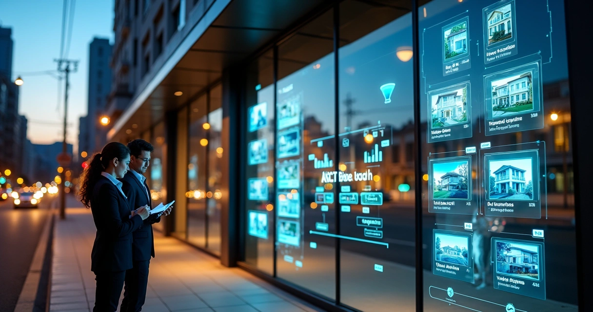 Fachada de imobiliária moderna com vitrine digital exibindo imóveis e gráficos 