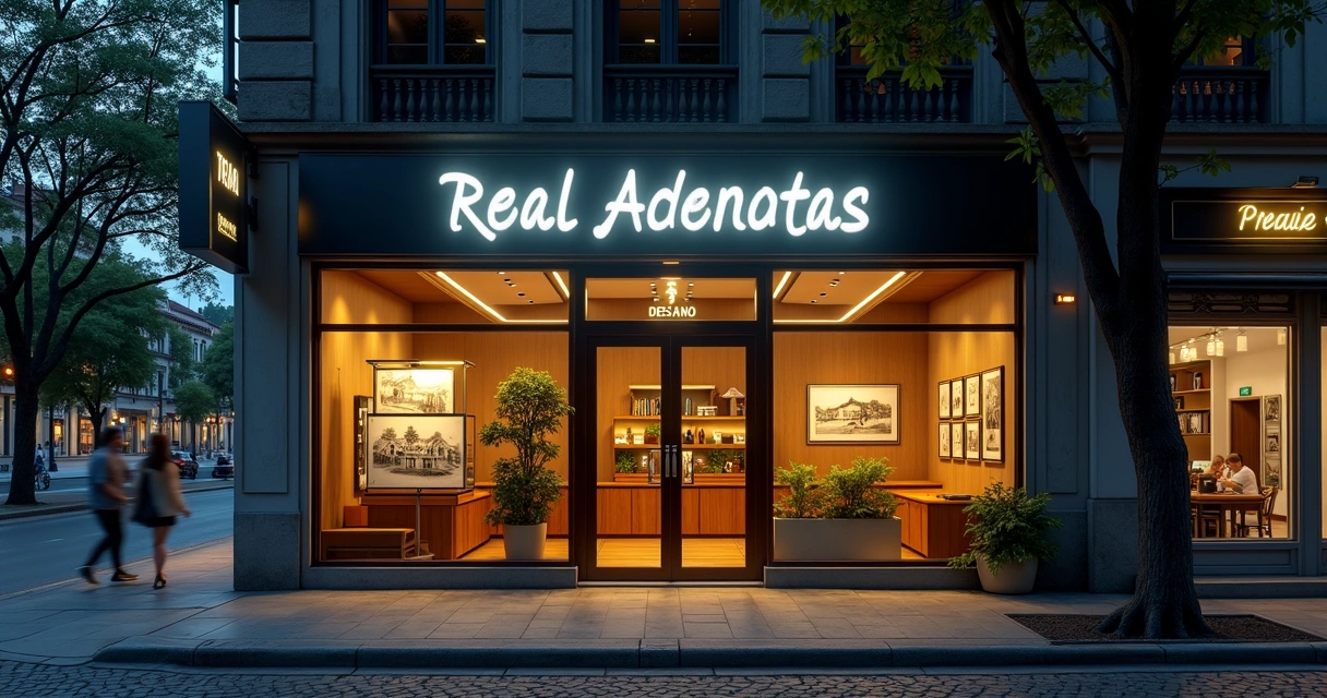 Fachada de imobiliária tradicional iluminada com letreiro destacando 44 anos de atuação 