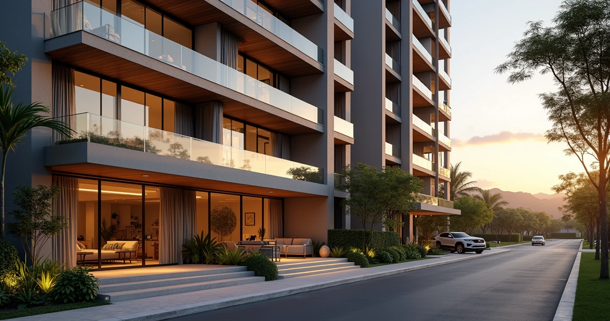 Fachada moderna de imóvel residencial de alto padrão em Belo Horizonte ao entardecer 