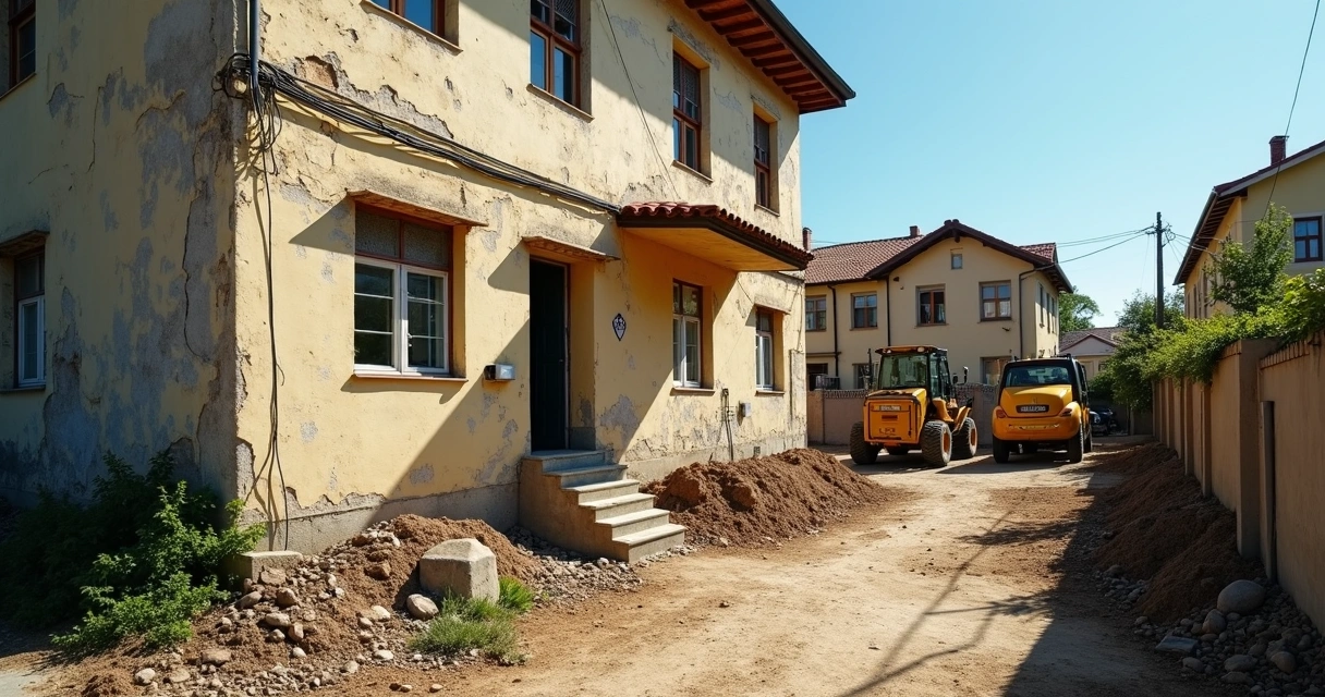 Fachada de prédio antigo ao lado de construção moderna com sinais de desgaste na vizinhança 