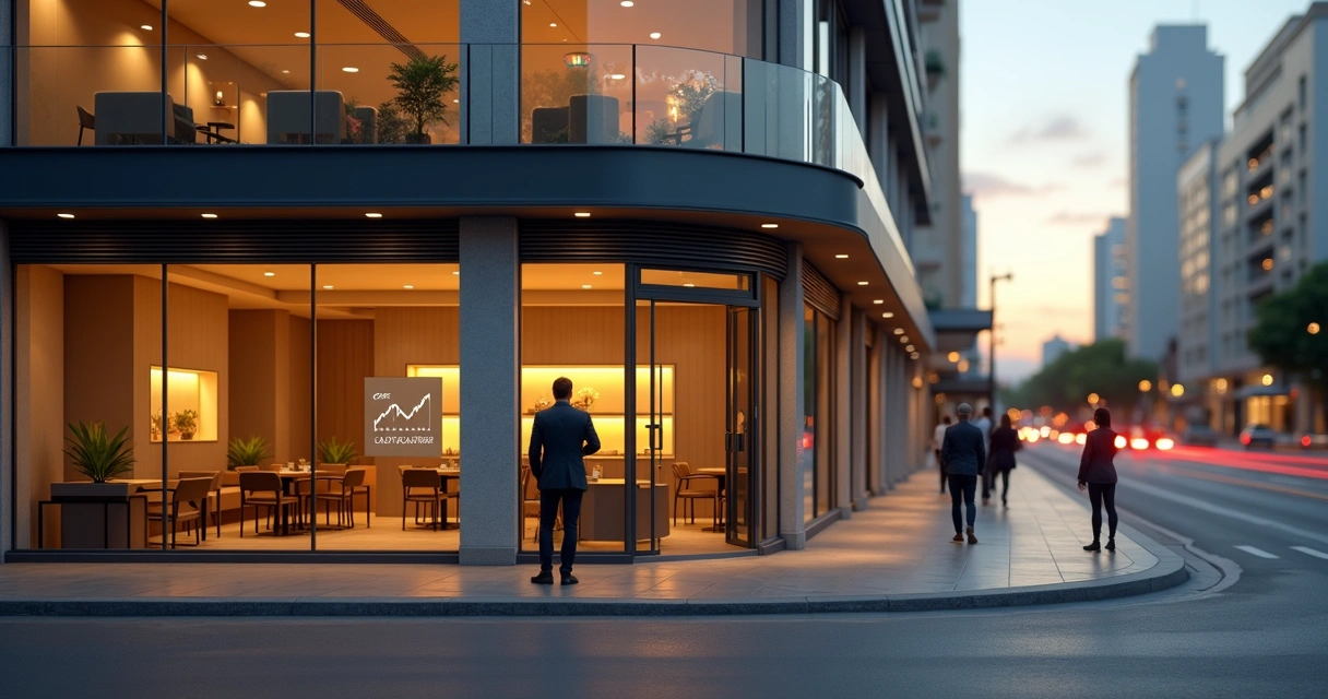 Fachada envidraçada de imóvel comercial moderno em Contagem MG ao anoitecer 