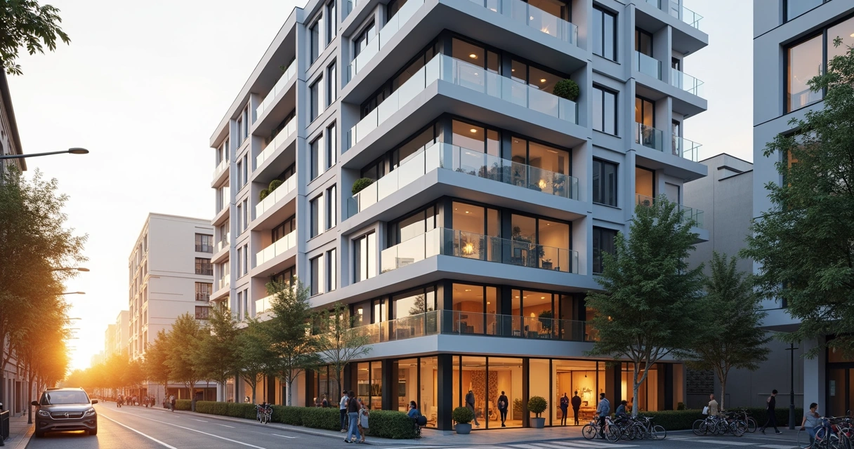 Fachada de kitnet moderna com varanda e detalhes em vidro 