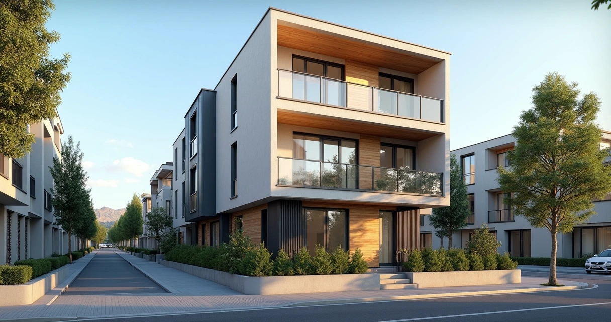 Fachada moderna de kitnet com janelas amplas e varandas pequenas em área urbana 