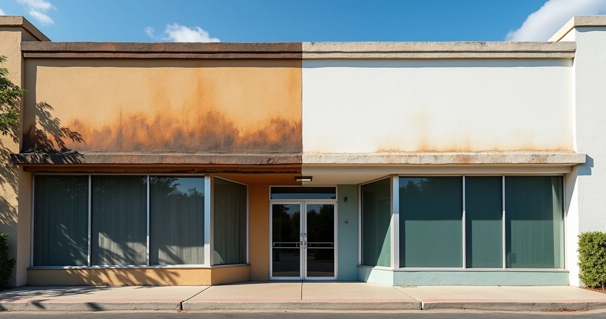 Fachada de prédio antes e depois da lavagem a pressão 
