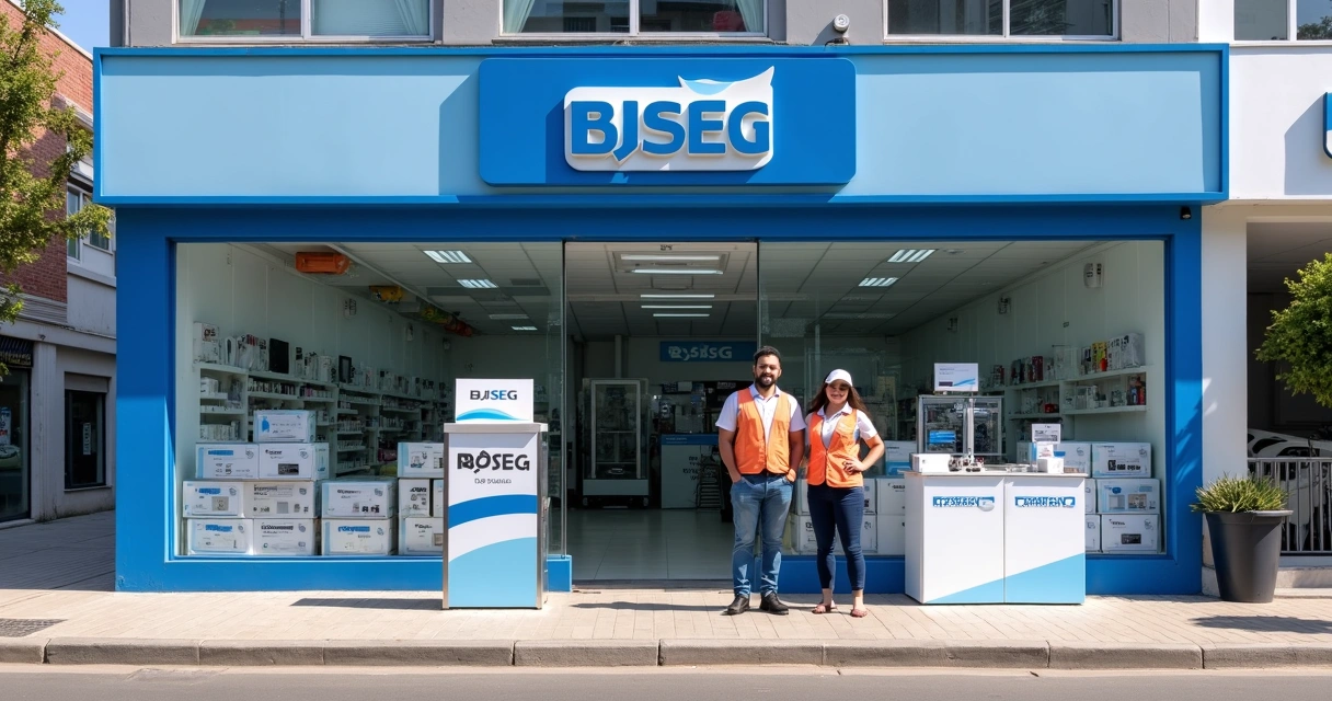 Fachada da loja BJSEG em São José dos Campos com vitrine de produtos de segurança eletrônica 