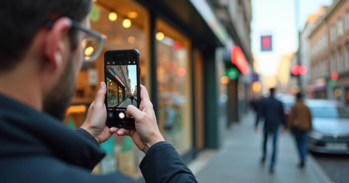 Fachada de loja sendo fotografada com celular