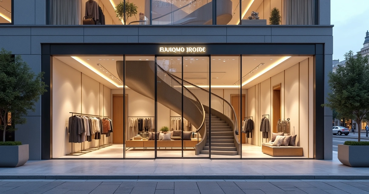 Fachada envidraçada de flagship Le Lis com interior iluminado e escada helicoidal ao fundo 