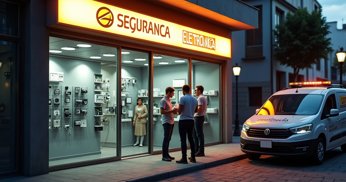Fachada de loja especializada em segurança eletrônica ao entardecer 
