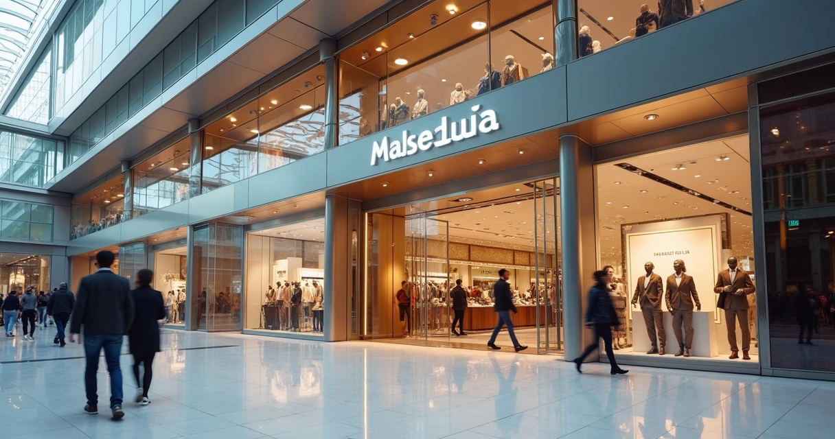 Fachada moderna de loja em shopping movimentado 