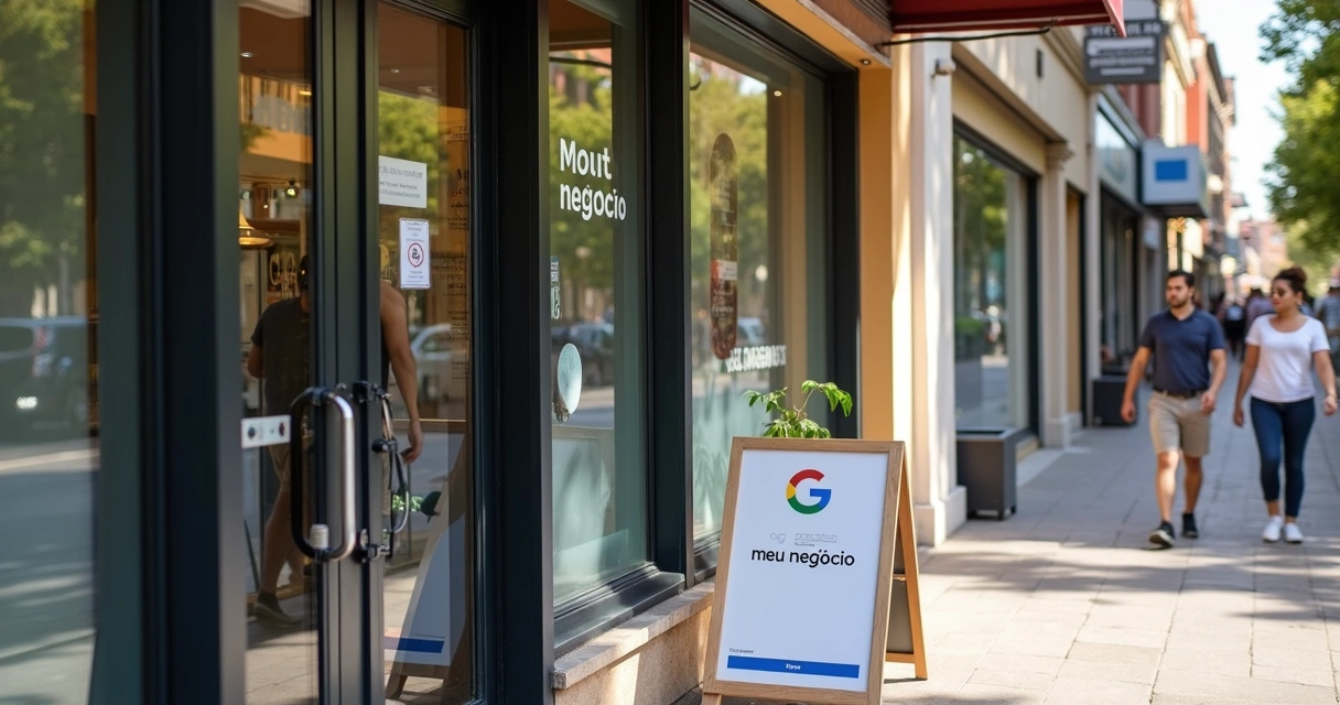 Fachada de loja moderna com placa Google Meu Negócio ao lado da porta 