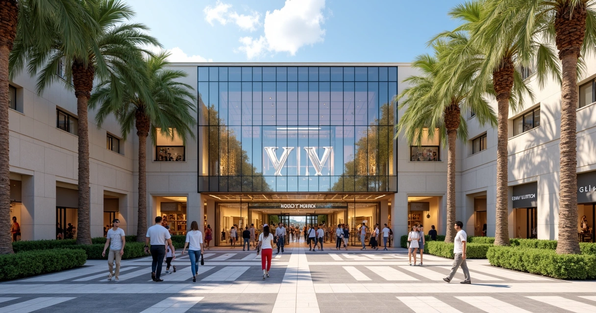 Fachada transparente do shopping com pessoas entrando 