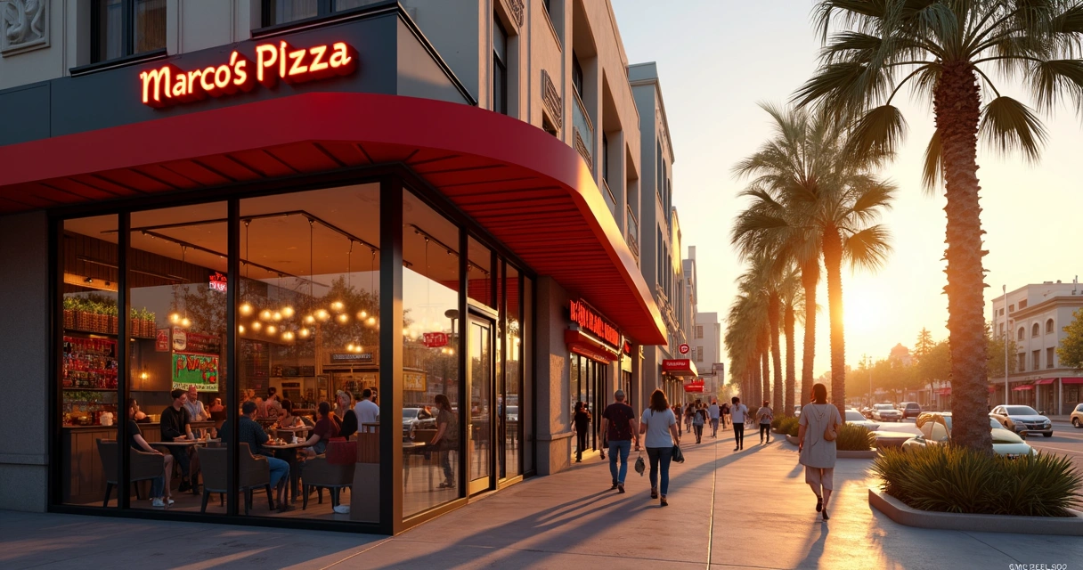 Fachada da Marco’s Pizza em cidade californiana, letreiro iluminado ao entardecer. 