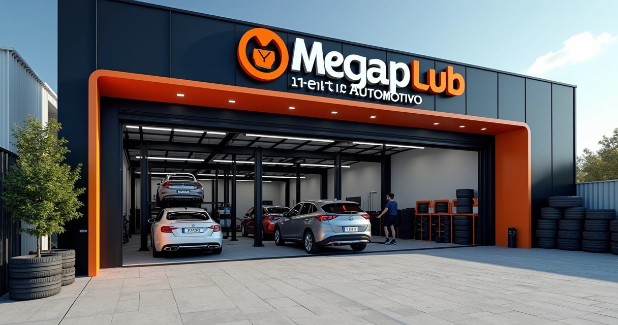 Entrada da oficina Megap Lub com fachada preta, letreiro, carros e pneus empilhados