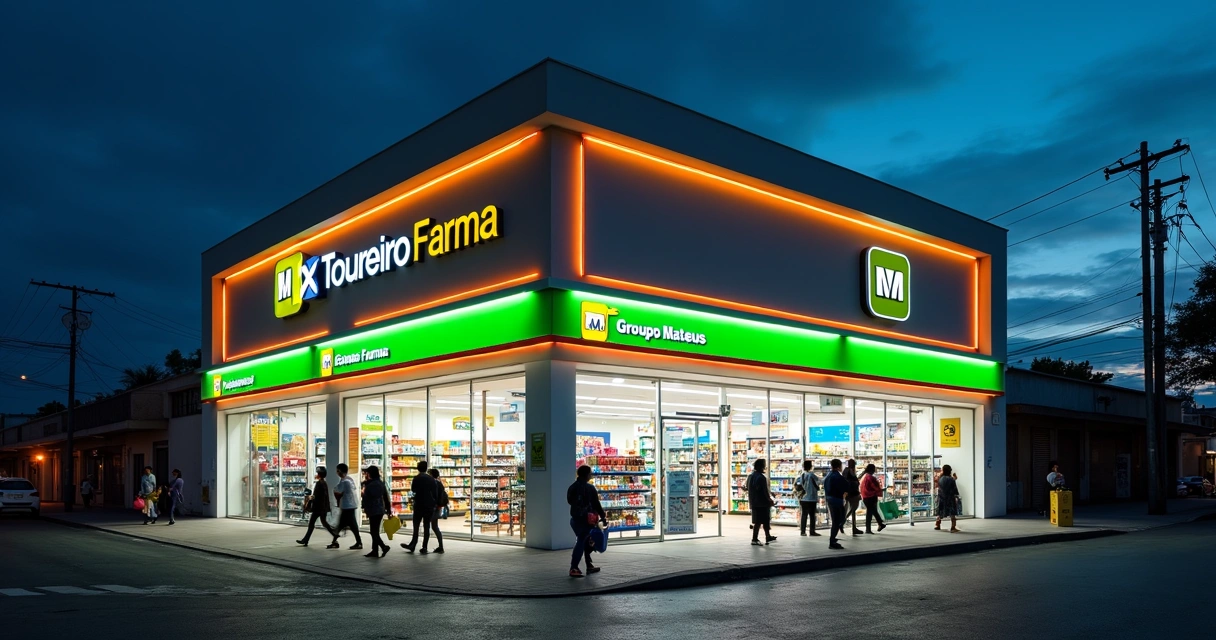 Fachada iluminada da farmácia popular Mix Toureiro Farma à noite 