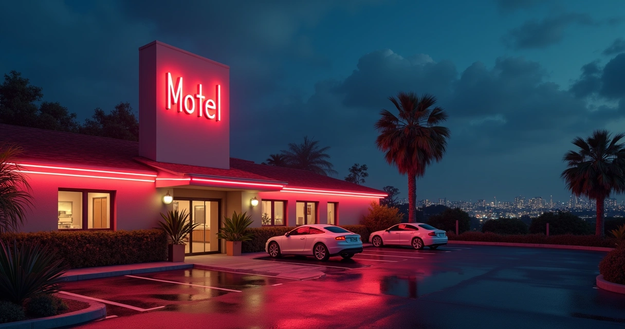 Fachada de motel à noite iluminada por luzes vermelhas e decoração discreta 