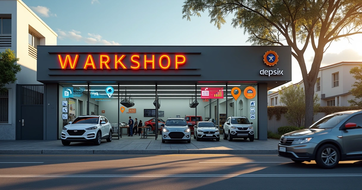 Fachada de oficina mecânica moderna com fila de carros incentivada por anúncios digitais 