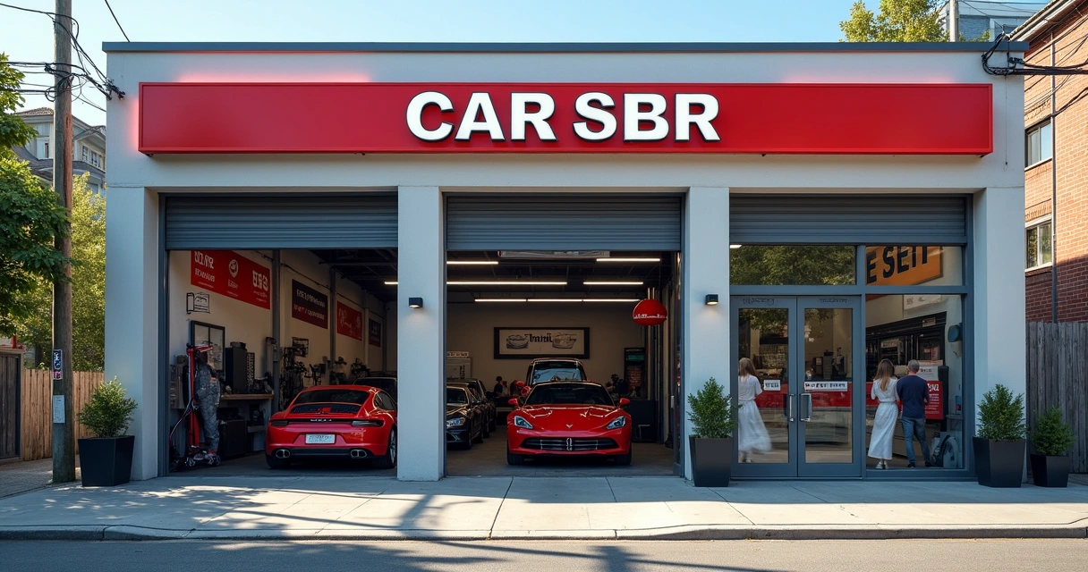 Fachada de oficina mecânica organizada vista de frente 