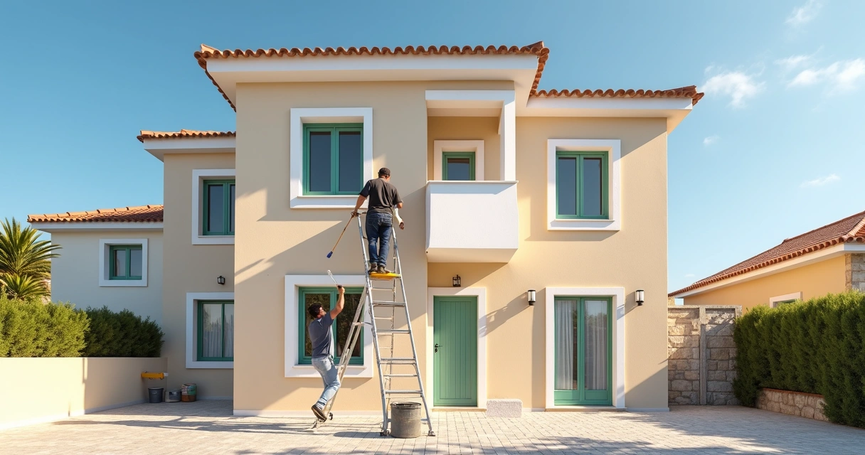 Fachada de moradia a ser pintada em Sesimbra 