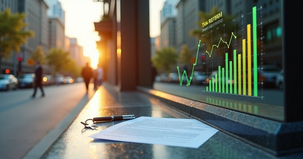 Fachada de prédio comercial refletindo gráficos de tributos ao lado de contrato de locação 