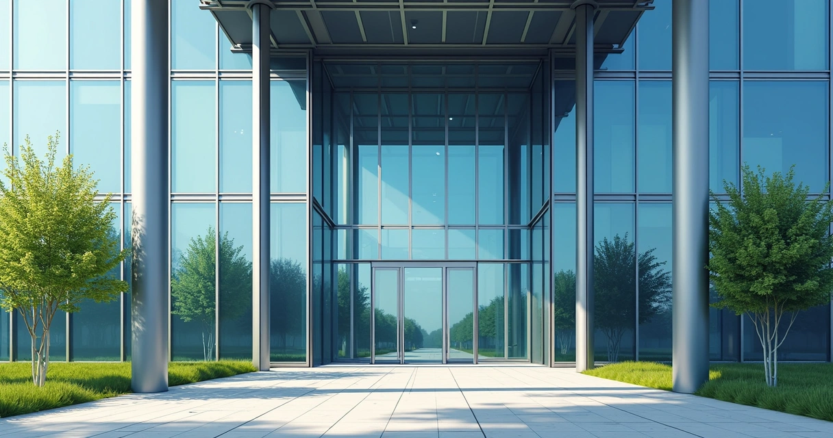 Fachada de prédio corporativo moderno com detalhes metálicos 