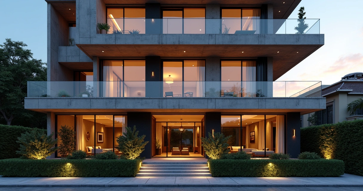 Fachada de prédio residencial de luxo moderno em São Paulo, com iluminação sofisticada e área verde frontal 