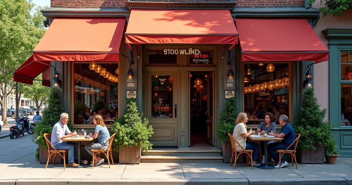 Fachada de restaurante acolhedor com placas coloridas e mesas ao ar livre 