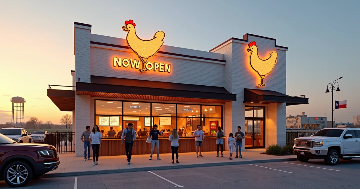 Fachada de restaurante de frango rápido no interior do Texas ao entardecer 