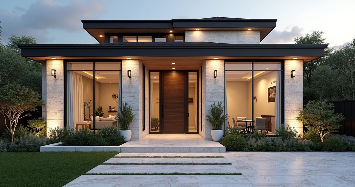 Fachada residencial sofisticada com revestimento de Travertino Romano 