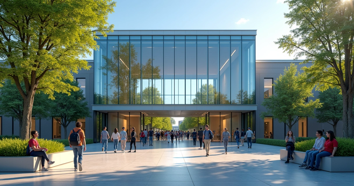 Entrada de universidade moderna com pessoas circulando.