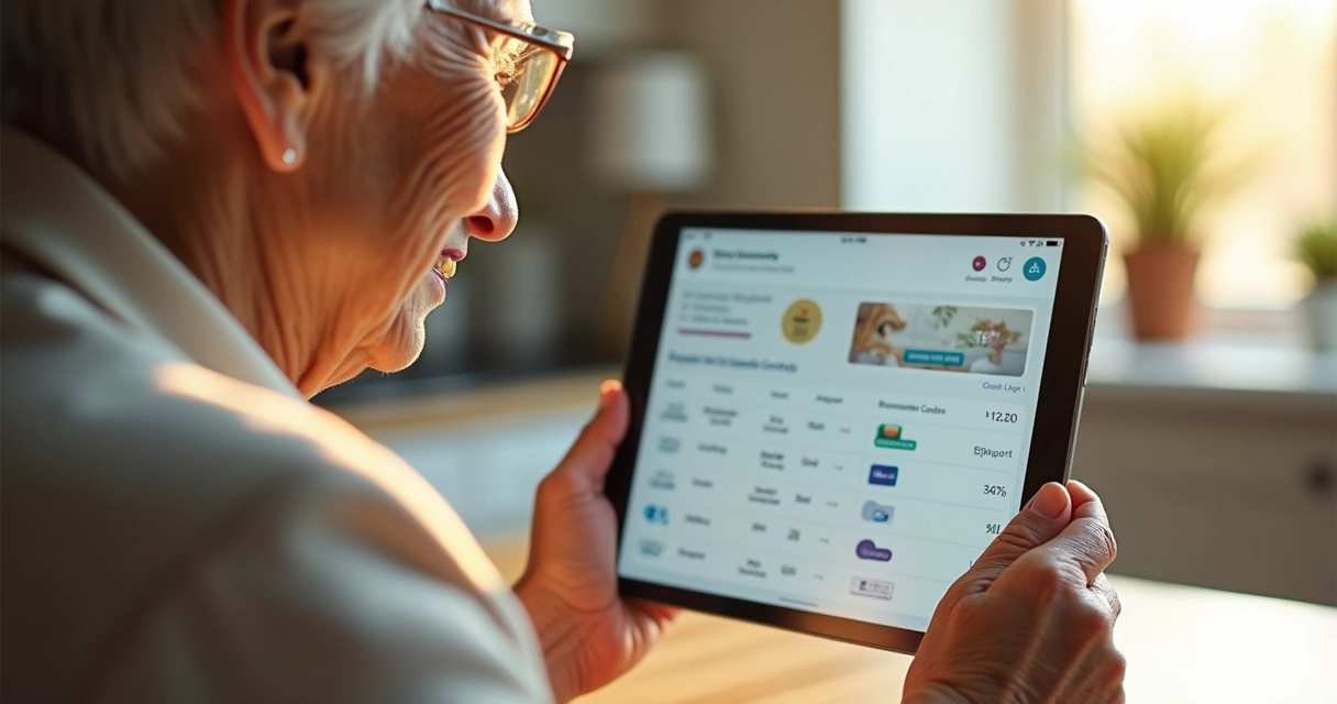 Pessoa idosa usando app de pagamentos com interface simples 