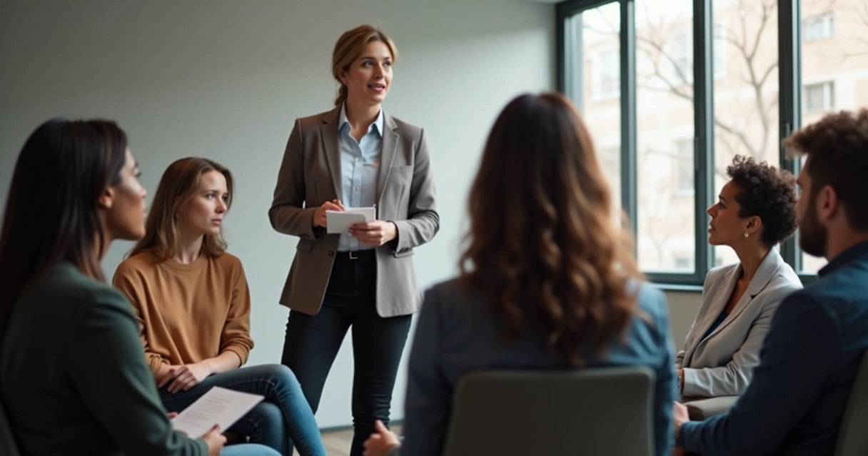 Facilitador conduzindo um círculo de diálogo com pessoas atentas 