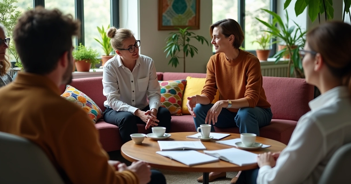 Facilitador moderando un círculo de diálogo con personas escuchando atentas. 