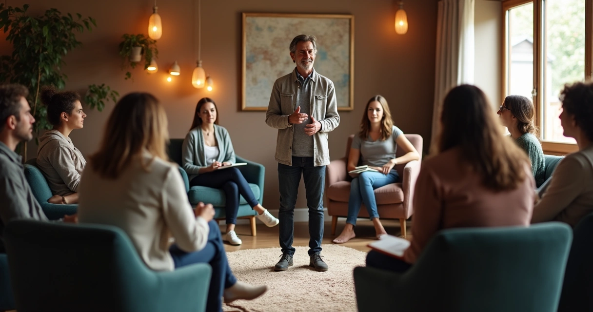 Facilitador conduzindo círculo de diálogo, pessoas atentos ao centro