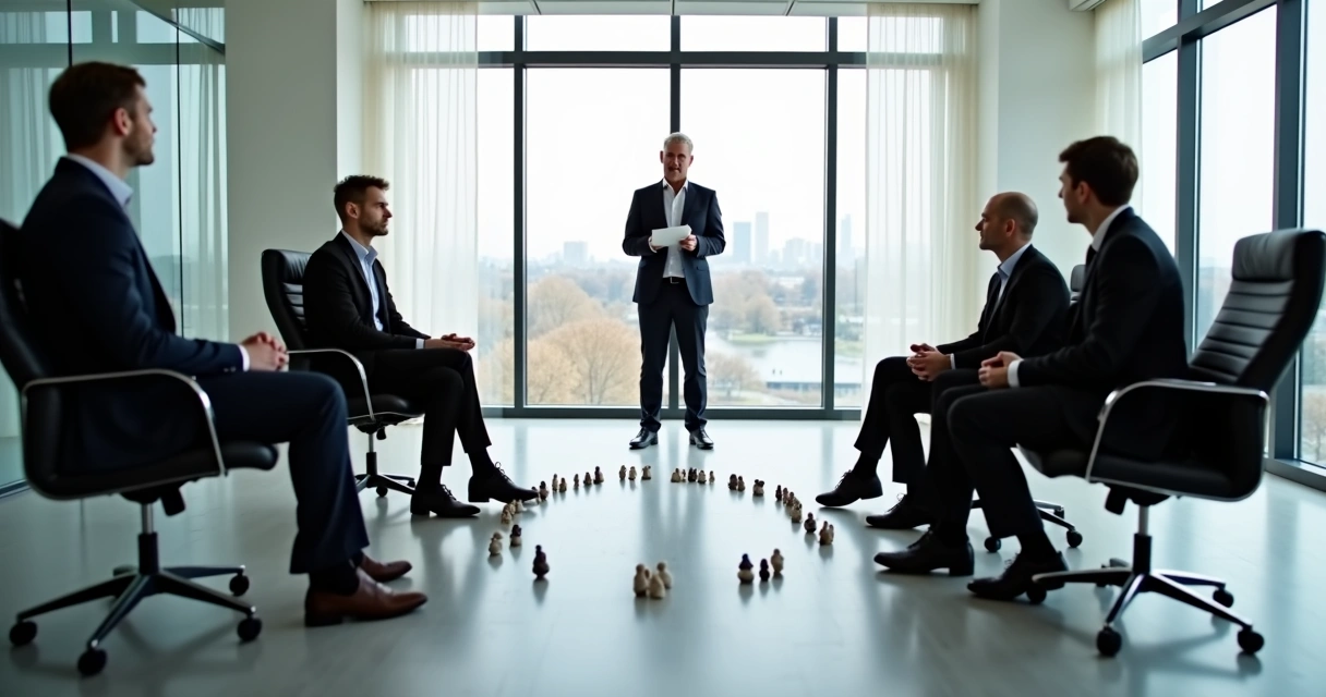 Facilitador conduzindo sessão de constelação empresarial com gestores atentos em cadeira