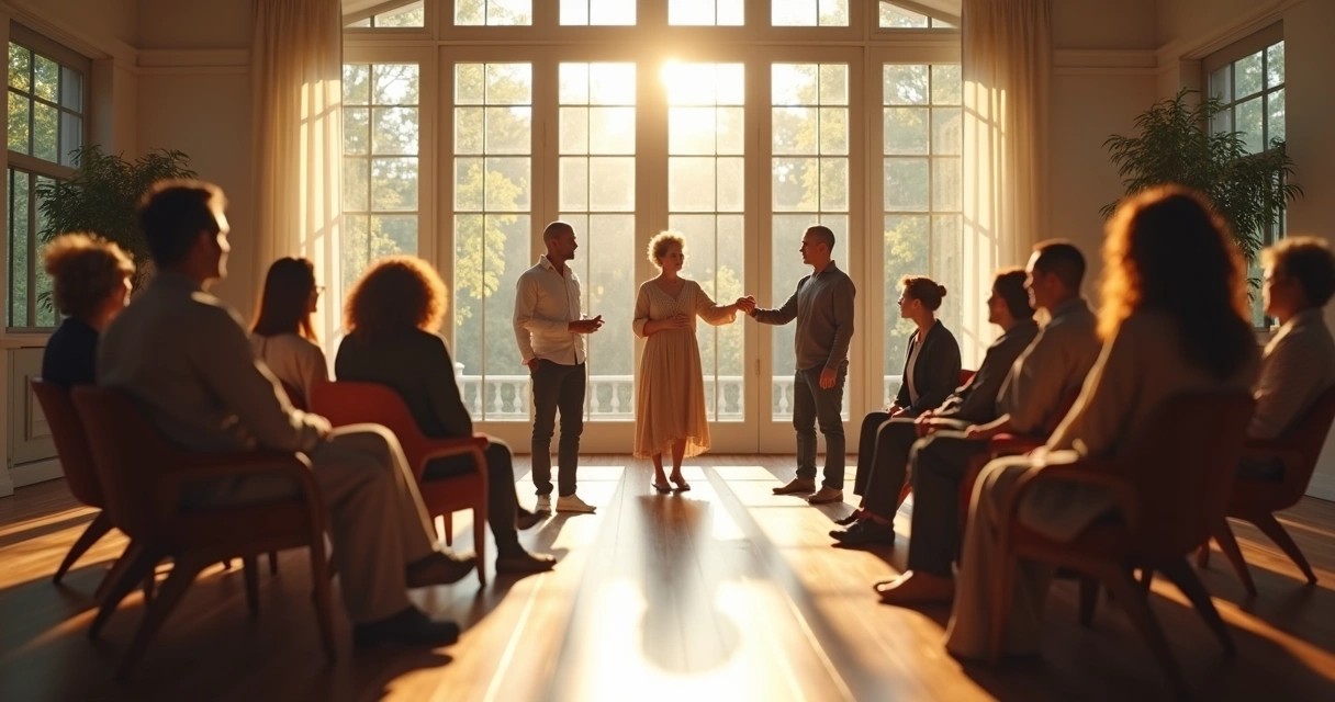Facilitador guiando participantes em dinâmica de constelação sistêmica em grupo 