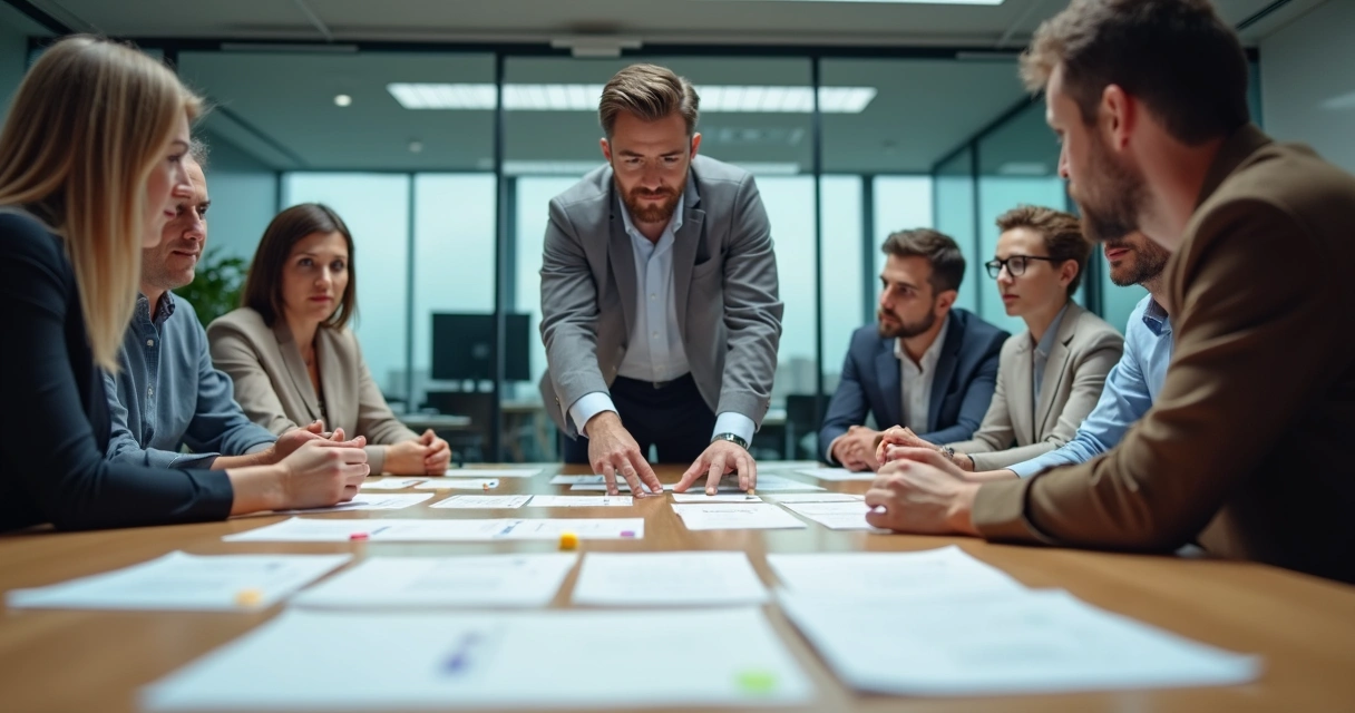 Facilitador conduzindo dinâmica em sala de reunião corporativa 