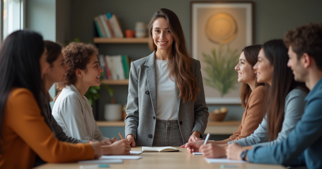 Facilitador mediando diálogo em grupo diverso