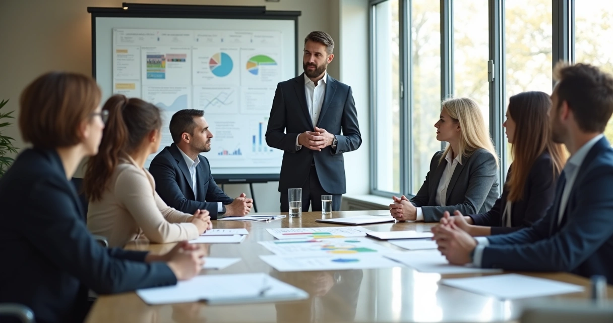 Facilitador empresarial conduzindo diálogo em reunião de grupo 