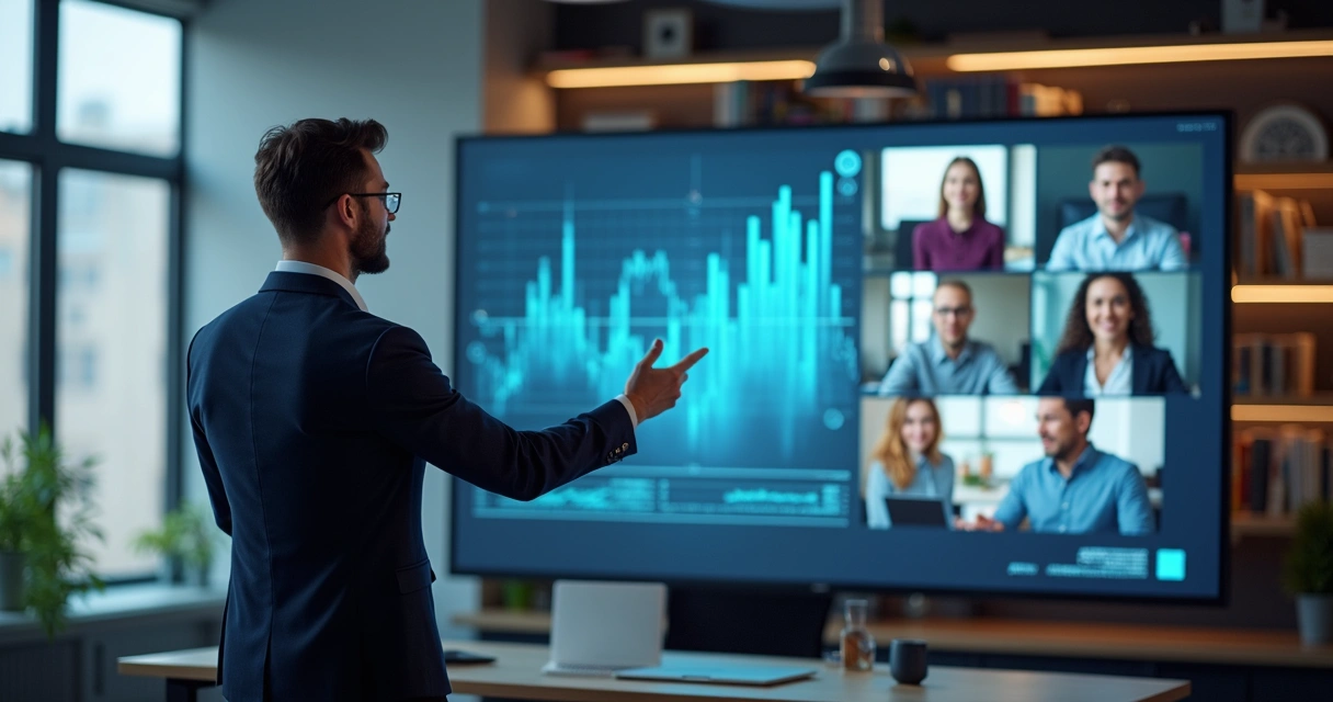 Facilitador conduzindo workshop online por tela digital