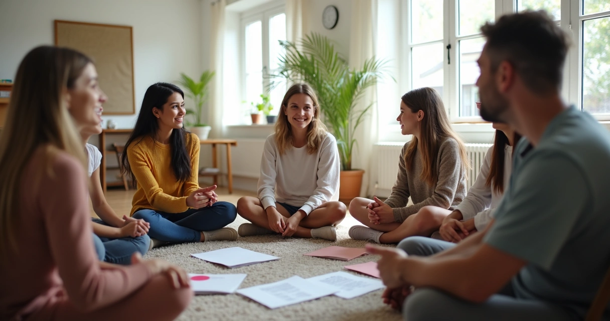 Facilitador conduzindo reunião de grupo multifamiliar 