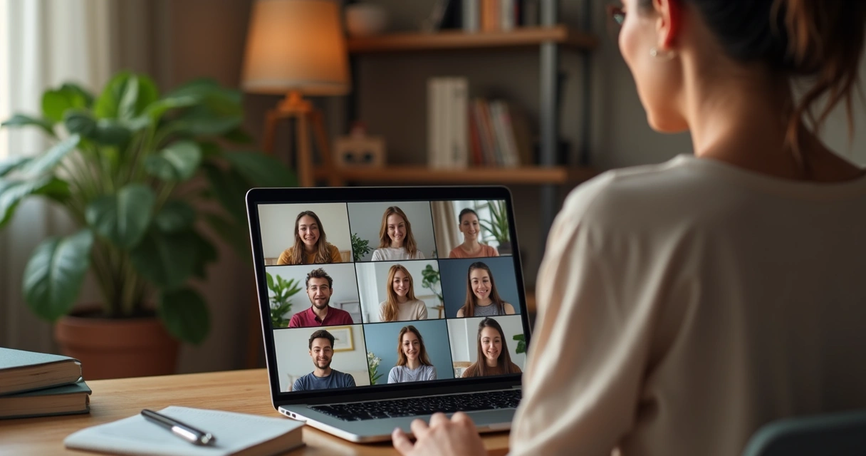 Facilitador guiando um grupo online para meditação, com telas de computador mostrando rostos atentos e relaxados.