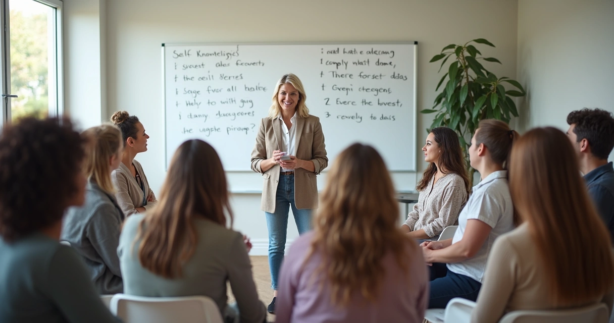 Facilitador conduzindo roda de conversa em sala com pessoas atentas