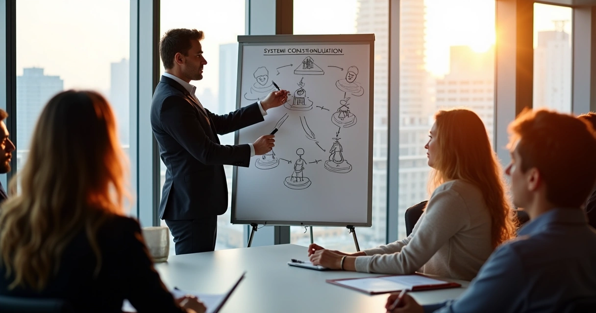 Facilitador explicando constelação sistêmica para grupo empresarial 