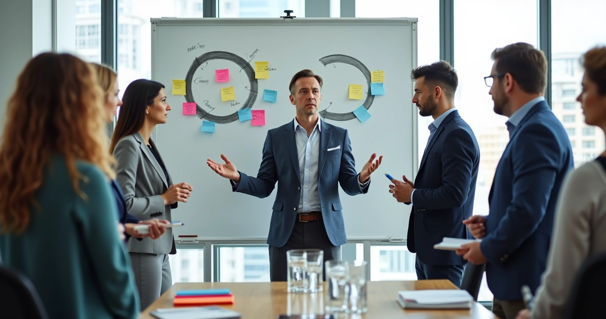Facilitator standing between two office groups around a shared whiteboard 