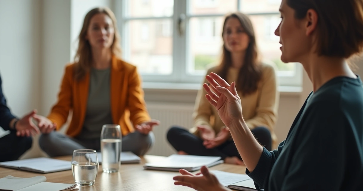 Facilitator guiding a breathing exercise in a team room 