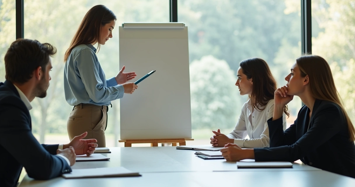 Facilitator guiding a reflective pause in a meeting 