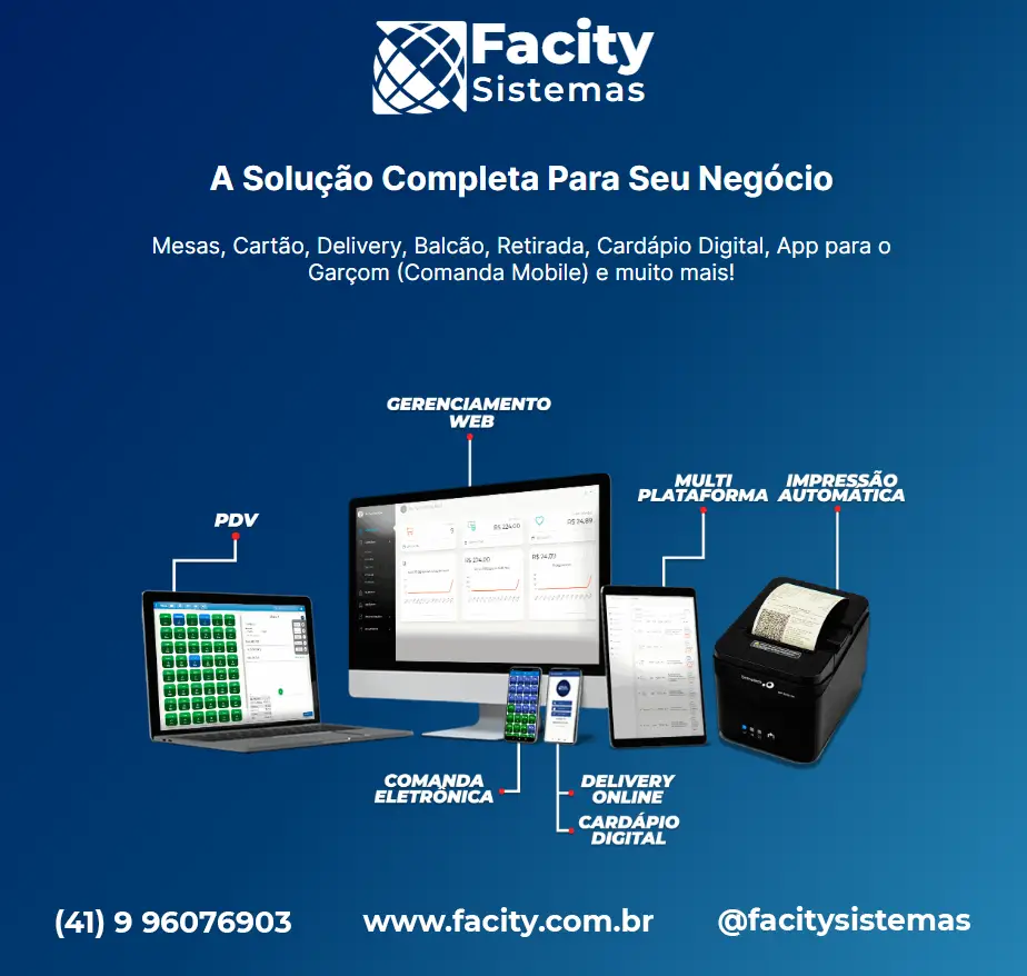 Dispositivos tecnológicos exibindo soluções da Facity para gestão de bares e restaurantes