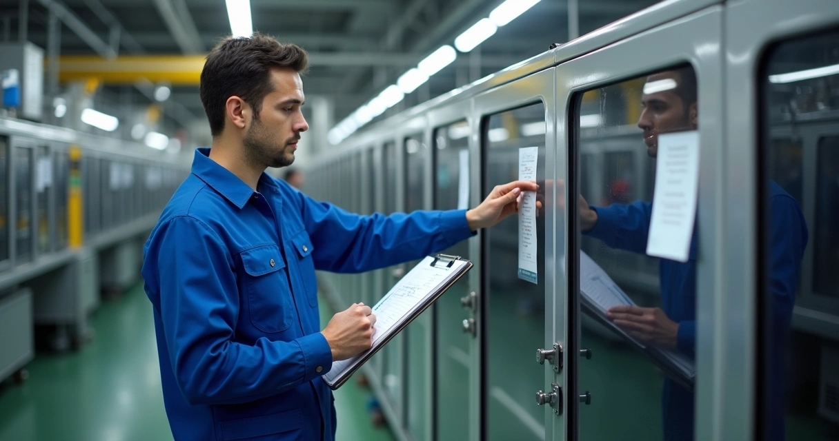 Technician performing routine factory equipment inspection 